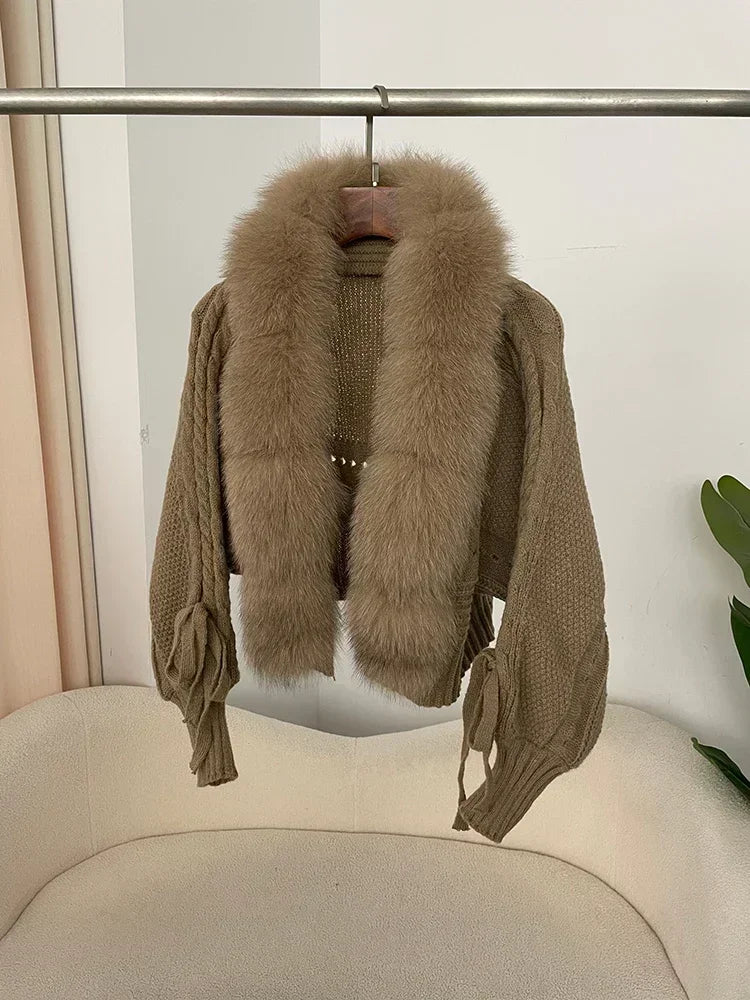 2024 Winter New Fashion Knitting Cardigan Placket Coat Women Casual Real Fox Fur Coat Short Warm Knitted Jacket with Natural Fur - Matrix Studios