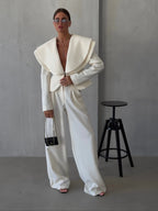 Laur 2026 Oversized Double Layer Lapel Cropped Blazer Two Piece Set High Waist Wide Leg Trousers Elegant Formal Matching Outfit - Matrix-studios.com