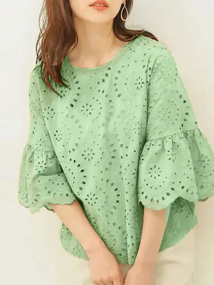 ZANZEA Fashion Summer 3/4 Sleeve Hollow Out Blouse Women Elegant Lace Crochet Tops Casual Loose Embroidery Shirt Work Blusas - Matrix-studios.com