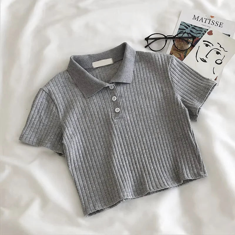 Preppy Knit Polo Neck Crop Top Women Summer Short Sleeve T-shirt Youthful Solid Color Female Basic Blouse Lady Pullover - Matrix-studios.com