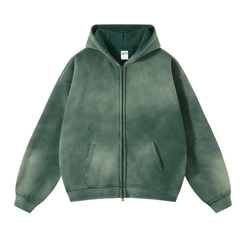 Men's Zip Up Hoodies Tie Dye Washed Double Oversize Cardigan Sweatshirt Loose Plus Plush Gradient Man Hooded Pullovers Winter - Matrix Studios