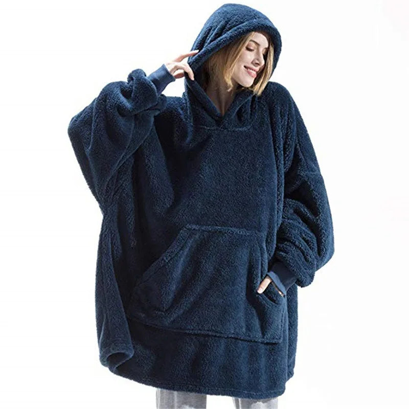 New Winter Women Double-faced Fleece Hoodie Blanket Oversize Large Pocket Warm Couple Loose Sweatshirts Women And Men Robe - Matrix Studios