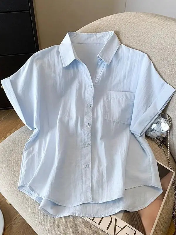 Blue  Neck Short Sleeve Shirt Women's Summer Loose Versatile Super Beautiful Blouse Small Figure Top Easy Care Fabric - Matrix-studios.com
