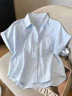Blue  Neck Short Sleeve Shirt Women's Summer Loose Versatile Super Beautiful Blouse Small Figure Top Easy Care Fabric - Matrix-studios.com