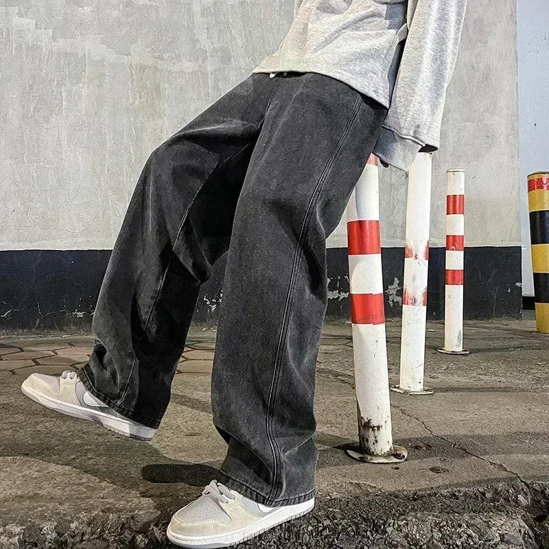 New Streetwear Loose Jeans Men Korean Style Fashion Loose Straight Wide Leg Pants Men's Brand Clothing Black Light Blue - Matrix Studios
