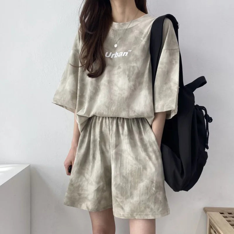 Women T-Shirt Shorts Suit Set Casual Tie Dye Loose Tshirt and Wide Leg Middle Shorts with Pockets Female Soft Summer Shorts Sets - Matrix-studios.com