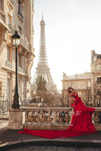 OEING Red A-Line Prom Dress Elegant V Neck Celebrity Evening Dresses Wedding Party Gown Long Train Vestidos De Fiesta Customized - Matrix Studios