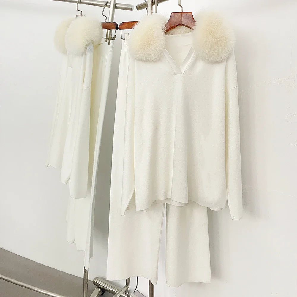 Reality Fur Jacket Pullover Set Woman Spring Knitted Suit Knitwear Female Real Fox Fur Collar Sweater Lady Autumn Knitted New - Matrix Studios