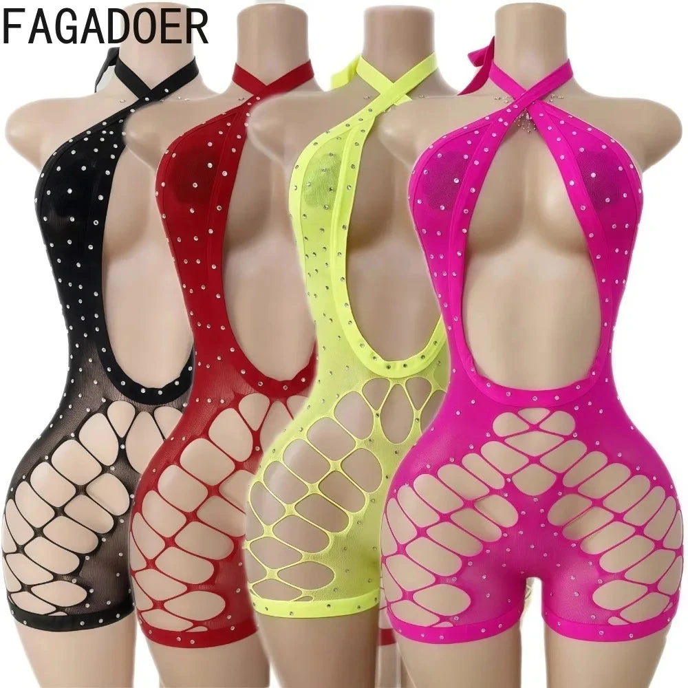 FAGADOER Sexy Hollow-out Rhinestone Patchwork Bodycon Rompers Woman Halter Sleeveless Backless Jumpsuits Female Party Clubwear - Matrix Studios