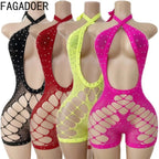 FAGADOER Sexy Hollow-out Rhinestone Patchwork Bodycon Rompers Woman Halter Sleeveless Backless Jumpsuits Female Party Clubwear - Matrix Studios