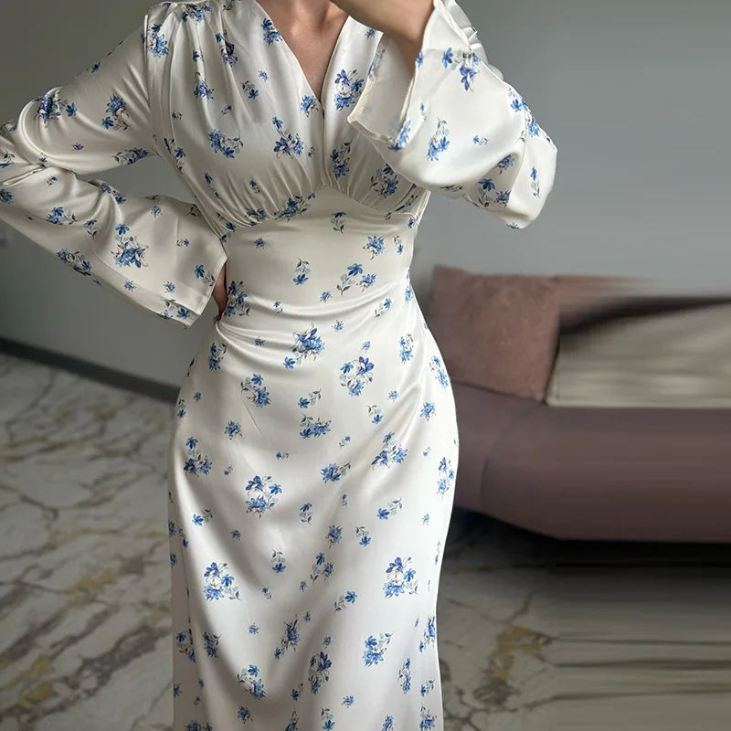 Organza Floral Printed Maxi Dress V-Neck  Puff Sleeve 2026 Spring/Summer Romantic Women Party Gown Fashion Elegant Lady Vestidos - Matrix-studios.com