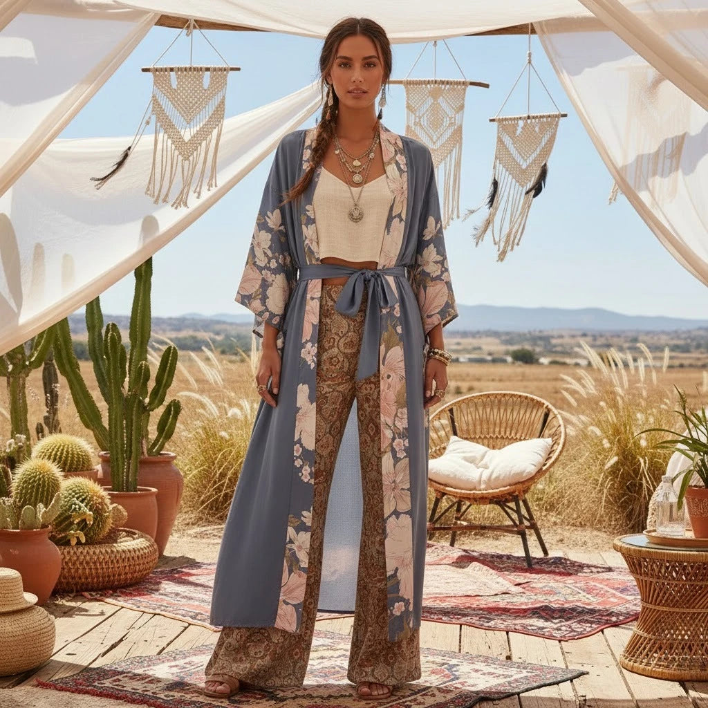 Happie Queens Vintage Peacock Floral Print Women bohemian V Neck batwing Sleeves Ladies boho Maxi Kimono robe bikini Cover-ups - Matrix Studios
