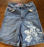 Men Dark Wash Denim Shorts Back Pocket Cherry Blossom Embroidered Loose Fit Knee Length Vintage Streetwear Casual Summer Wear - Matrix Studios