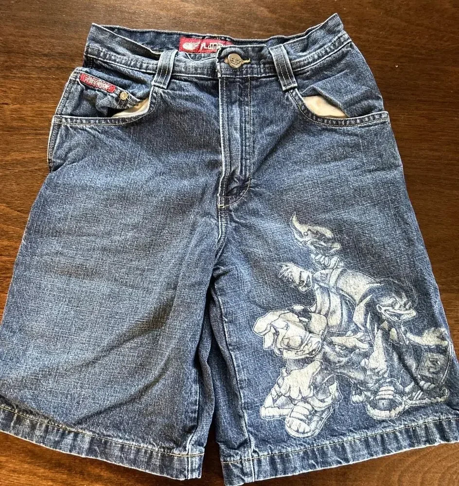 Men Dark Wash Denim Shorts Back Pocket Cherry Blossom Embroidered Loose Fit Knee Length Vintage Streetwear Casual Summer Wear - Matrix Studios