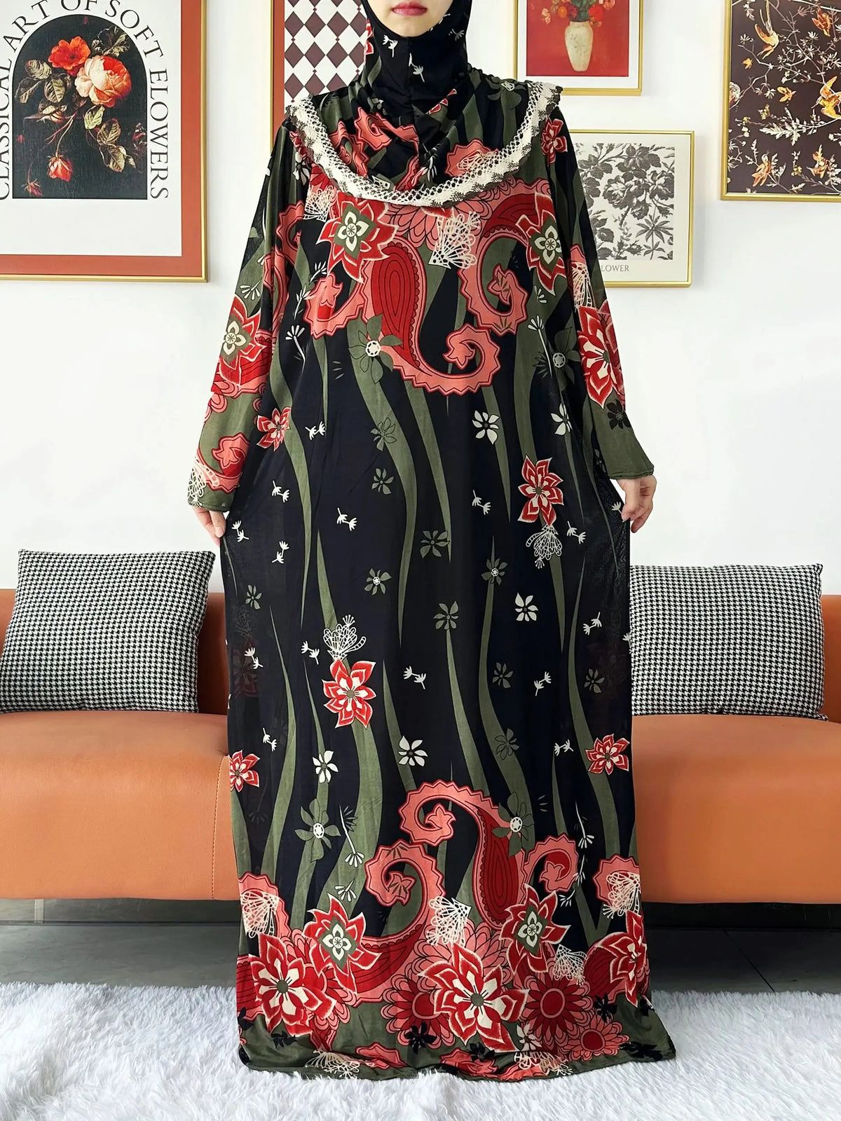 2023 Muslim Solid Cotton Abaya For Women Ramadan Prayer Garment Joint Hat Dubai Turkey Middle East Femme Robe Floral Loose Dress - Matrix-studios.com