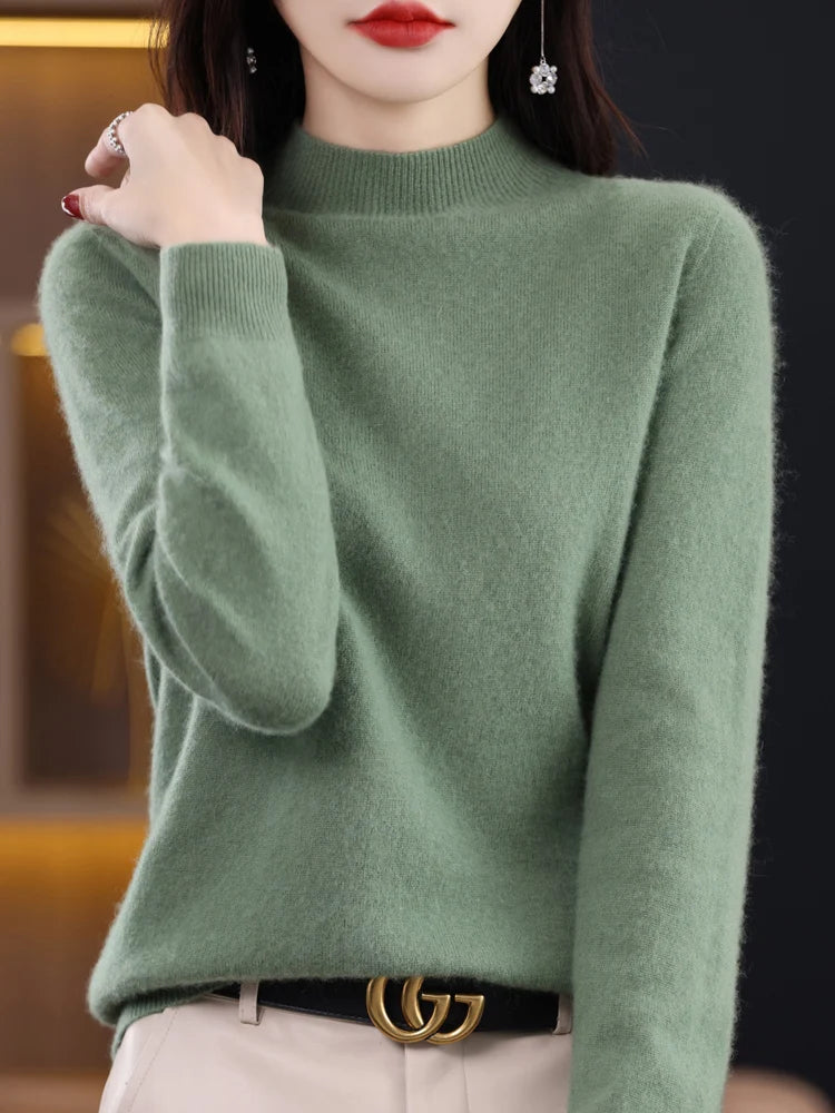 Fashion 100% Wool Sweater Women's Mock-Neck Knitwear Cashmere Pullovers Autumn Winter Long Sleeve Jumpers Clothing Tops - Matrix Studios