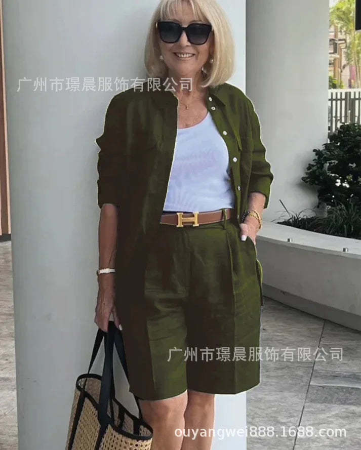 2026 Elegant 2-Piece Sets For Women Womens Cardigan Shirt Top Summer Solid Color Casual Shorts Two Piece New In Matching Sets - Matrix-studios.com