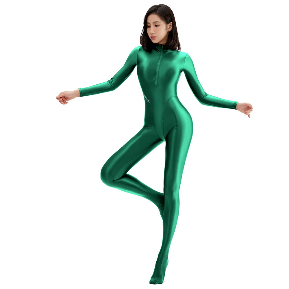 AMORESY Women's Shiny Oil Tights Full-Length Catsuit Front Zipper Yoga Zentai Playsuit Sexy Smooth Casual Jumpsuit - Matrix Studios