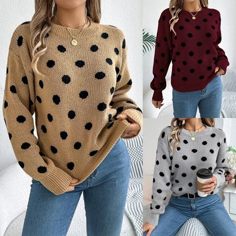 2025 Autumn/Winter Casual Contrast Color Polka Dot Sweater Women Round Neck Loose Pullover Female Fashionable Retro Outerwear - Matrix Studios