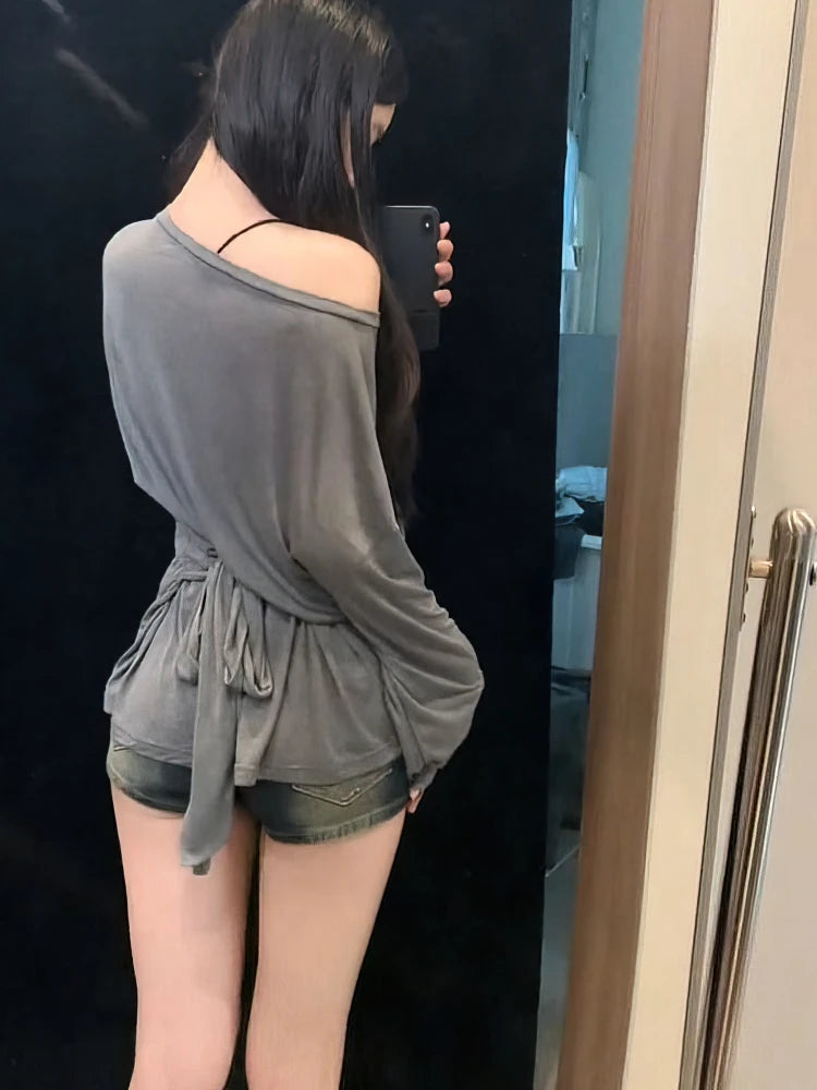 Sexy Thin See Through Long sleeve Oversize T shirt Women Bandage Off shoulder Top Female Basic Long Tees Korean Chic Lady New - Matrix-studios.com