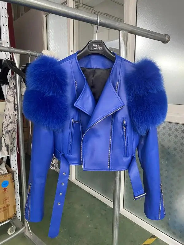 GO BALLISTIC YA Ladies' Genuine Leather Jacket with Fur Sleeve Women's Natural Lambskin Outfit - Matrix Studios