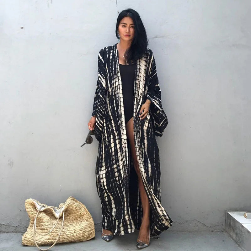Long Kimono Swimsuit Cover up for Women Stylish Tie Dye Open Front Beach Outfits Bathing Suit - Matrix Studios