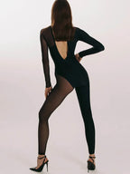 Hipster Tight Jumpsuit Woman Midnight Overalls Streetwear O-Neck Long Sleeve Zipper Sexy See Through Mesh Rompers Women Jumpsuit - Matrix Studios