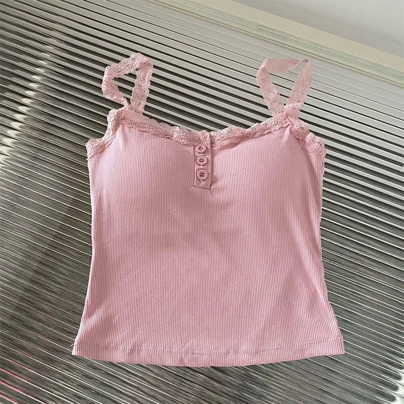Summer Lace Strap Patchwork Camisole Women Solid Color Sleeveless Buttons Tank Top - Matrix-studios.com