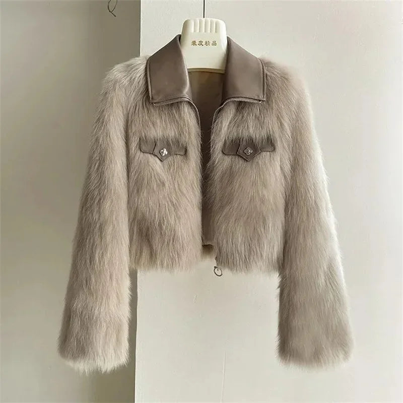 Women's Short Lapel Imitation Fox fur grass Coat 2025 Autumn Winter New Korean version Fashion Thicken Zipper Fur Coat Top - Matrix Studios