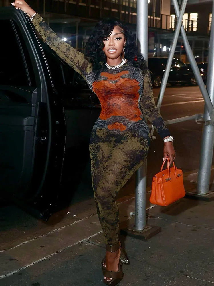 Weird Puss Sexy Fitness Jumpsuit Women Tie-Dye Print O-Neck Full Sleeve Skinny Streetwear Autumn Zip Slim Stretch Tight Overalls - Matrix Studios