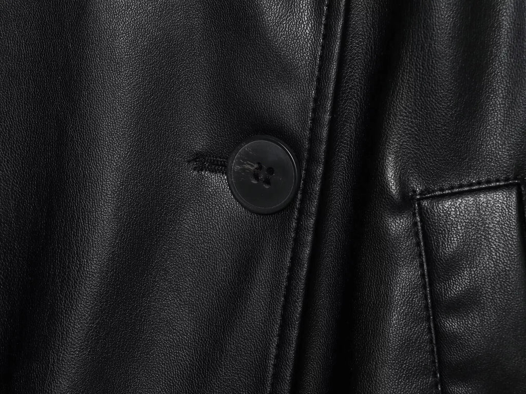 ETJ 2025 autumn new women's fashion belt imitation leather long sleeve short trench coat casual leather coat - Matrix Studios