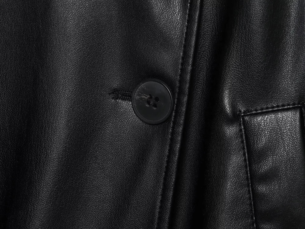 ETJ 2025 autumn new women's fashion belt imitation leather long sleeve short trench coat casual leather coat - Matrix Studios