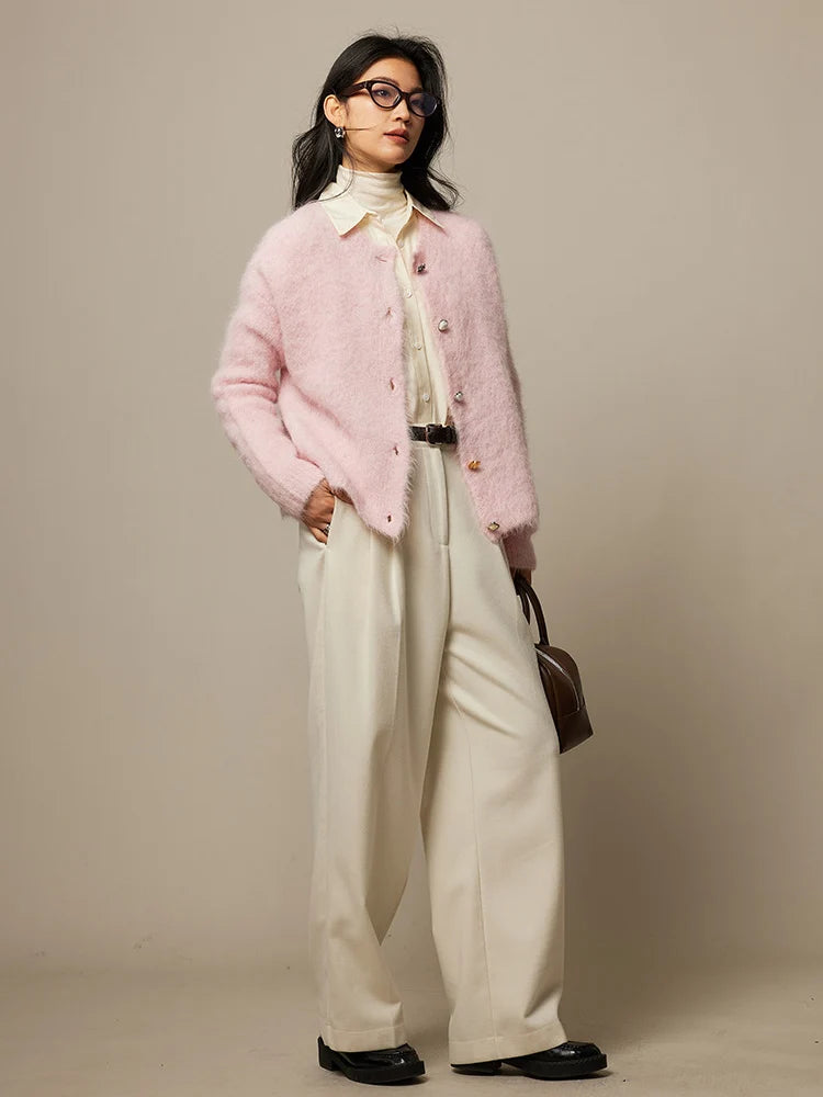 SuyaDream, Women Cardigans, 78%Alpaca, O Neck, Single breasted Solid Sweaters, 2025 Fall Winter Warm Jackets, White, Grey, Pink - Matrix Studios