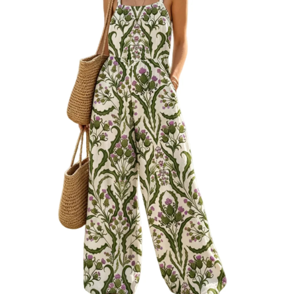 2026 New Style Fashionable Women's Printed One-Piece Pants, Bohemian Square Neckline, Loose Wide Legs, Elastic Waistband, Light-Colored Print, American Size, Shipped from the US Warehouse, Fast Delivery, Outdoor Vacation Slee - Matrix Studios
