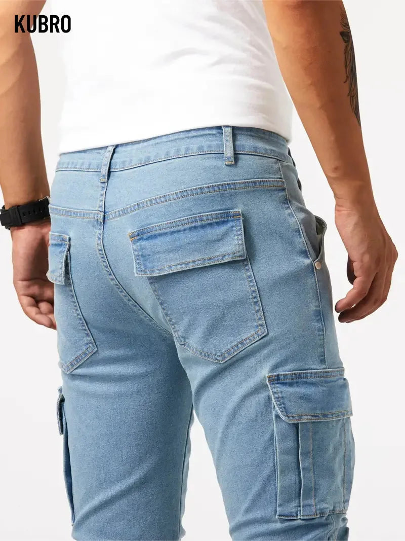 Street Elastic Jeans Men Denim Cargo Pants Wash Solid Color Multi Pockets Casual Mid Waist Trousers Slim Fit Daily Wear Joggers - Matrix Studios