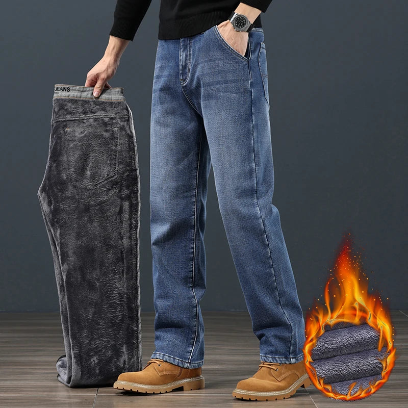 Winter Fleece Men Jeans Classic Loose Straight Warm Thicken Trousers Business Casual Velvet Elastic Denim Pants Plus Size 42 44 - Matrix Studios