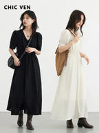 CHIC VEN Women Dresses French Style Vintage V-neck Puff Sleeve Long Dress Solid Black Loose Female Clothing Summer New 2023 - Matrix-studios.com
