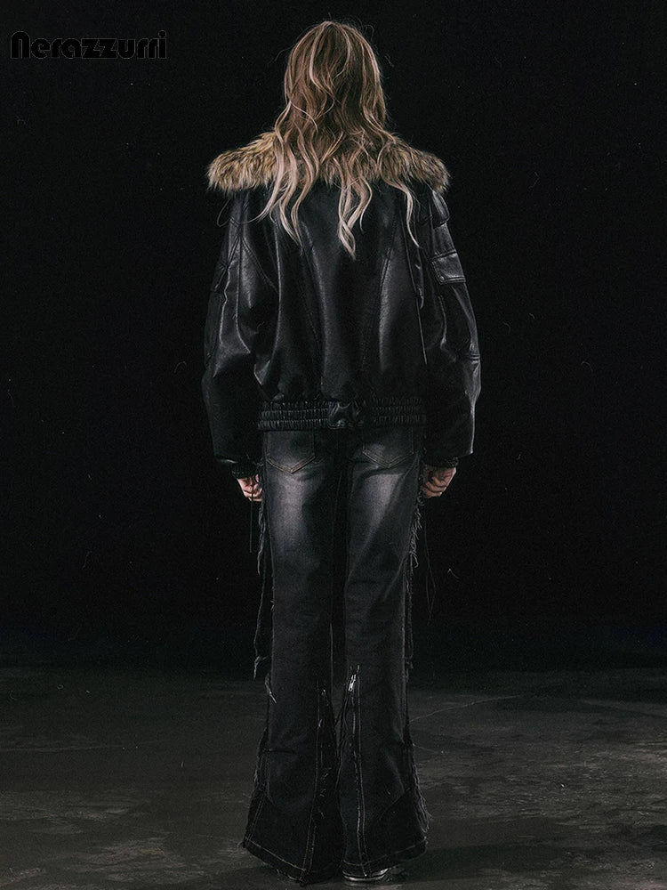 Nerazzurri Autumn Winter Loose Casual Quilted Warm Pu Leather Jacket Women with Detachable Faux Fur Collar Luxury Unisex Clothes - Matrix Studios