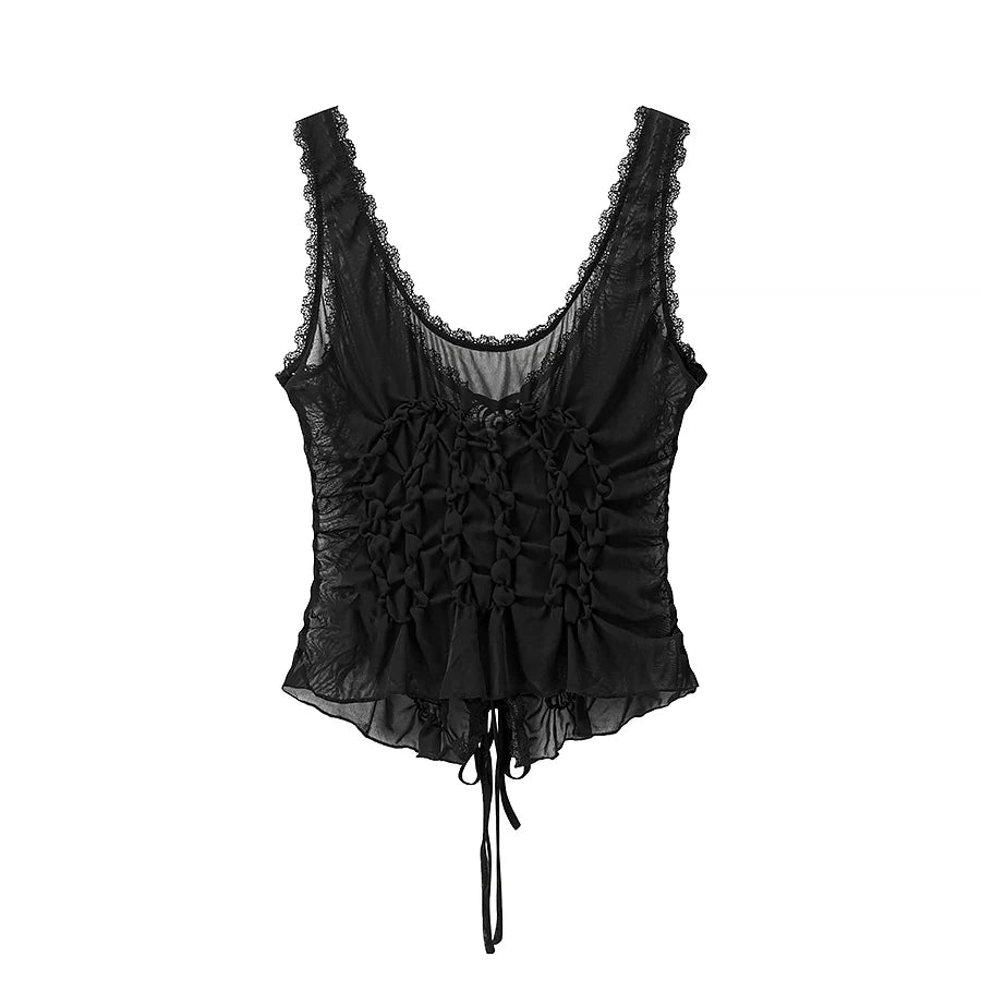DUOPERI Women Y2K Fashion Solid Pleated Lace Up Slim Fitting Camisole Straps V-Neck Female Chic Lady Casual Tank Tops - Matrix-studios.com