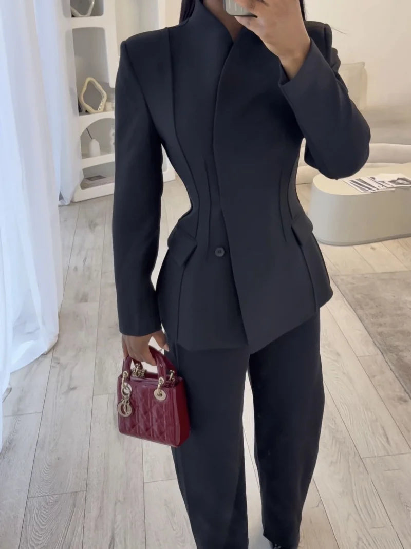 ETJ 2025 women's new fashion design three-dimensional cut high collar slim suit jacket & matching casual trousers - Matrix-studios.com