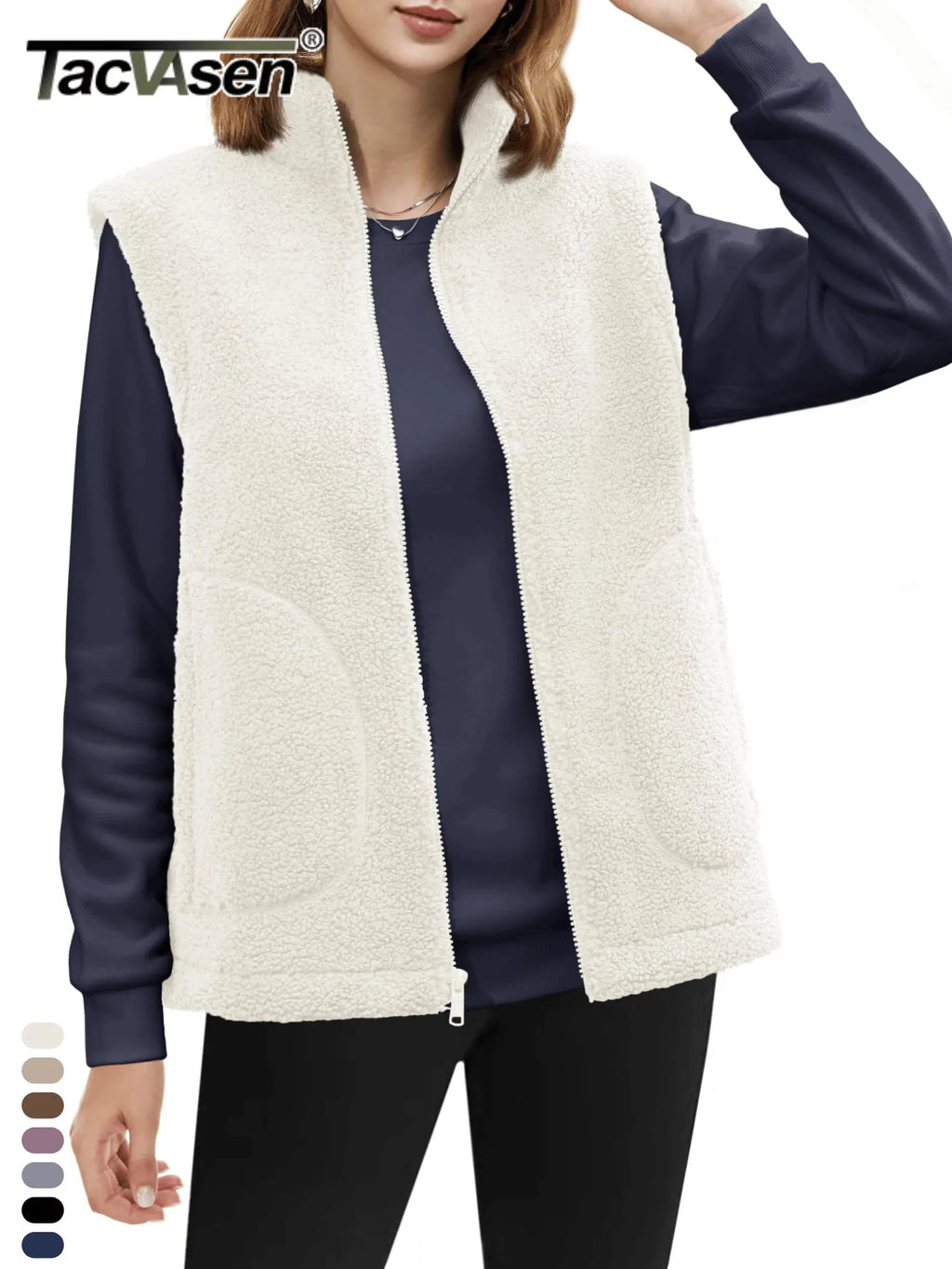 TACVASEN Polar Fleece Vests Women Fall Winter Lightweight Stand Collar Waistcoats Warm Soft 4 Pockets Sleeveless Outwear Jackets - Matrix Studios