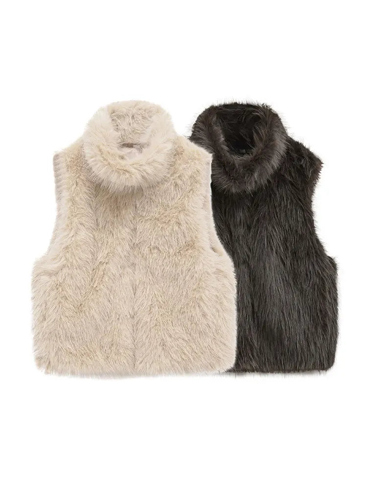 HH Women Elegant Solid Faux Fur Waistcoats Turtleneck Sleeveless Vest Coat Autumn Winter Fashion Hight Street Lady Outfit - Matrix Studios