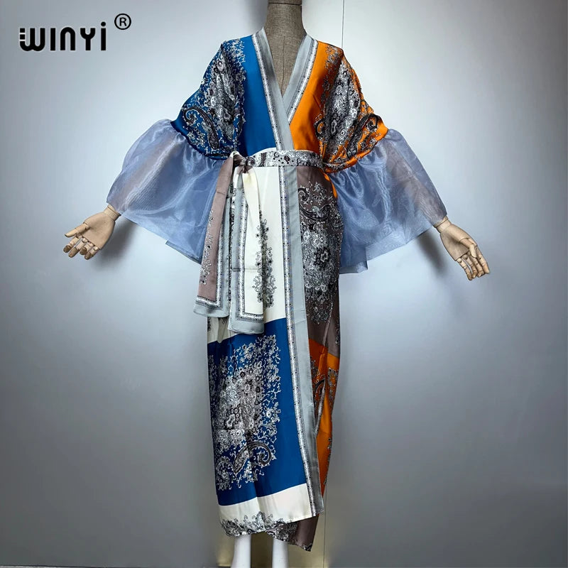 WINYI Summer Kimono Party Dress Beach Wear Swim Suit Cover Up African Women Loose Puff(ed) Sleeves Cardigan Boho Holiday Kaftan - Matrix Studios
