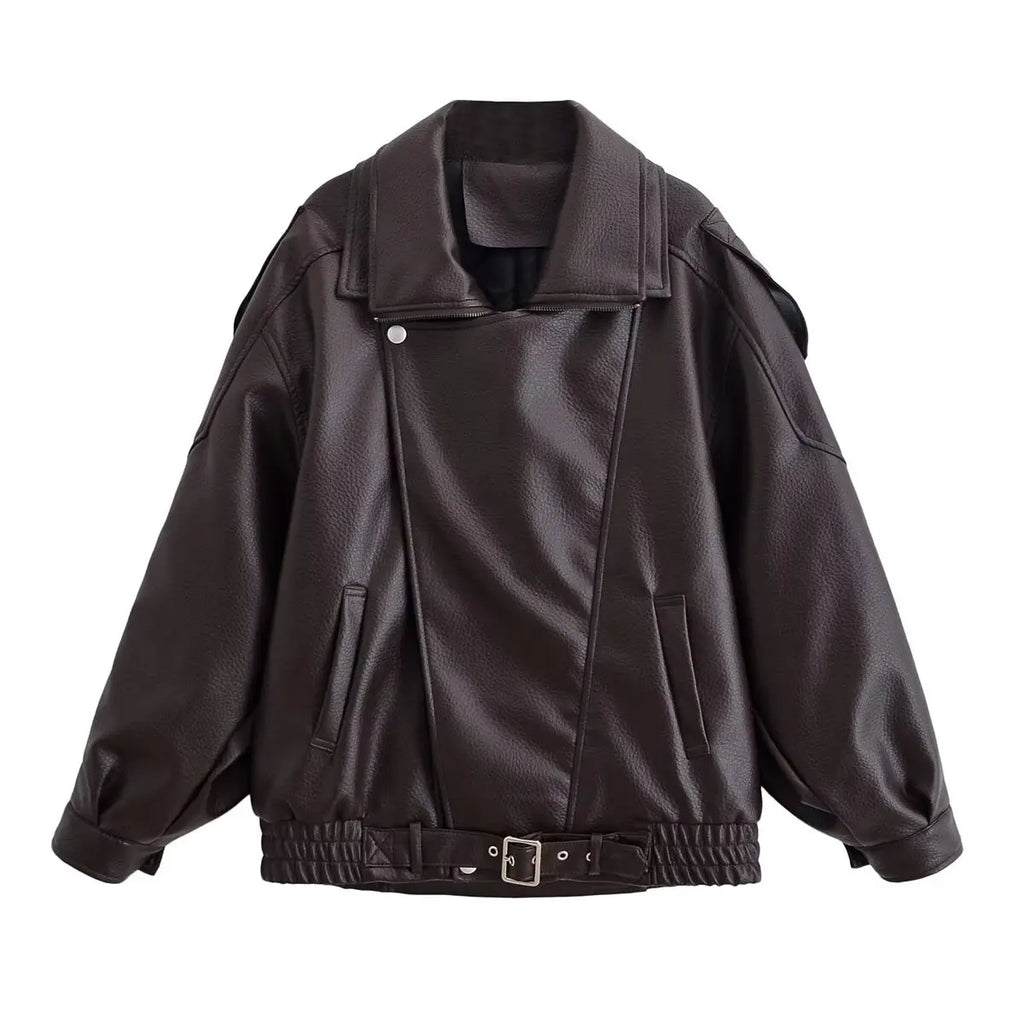 HH Autumn Faux Leather Jacket For Women Casual Solid Long Sleeve Zipper Pu Leather Coats New Fashion Female Streetwear - Matrix Studios