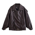 HH Autumn Faux Leather Jacket For Women Casual Solid Long Sleeve Zipper Pu Leather Coats New Fashion Female Streetwear - Matrix Studios