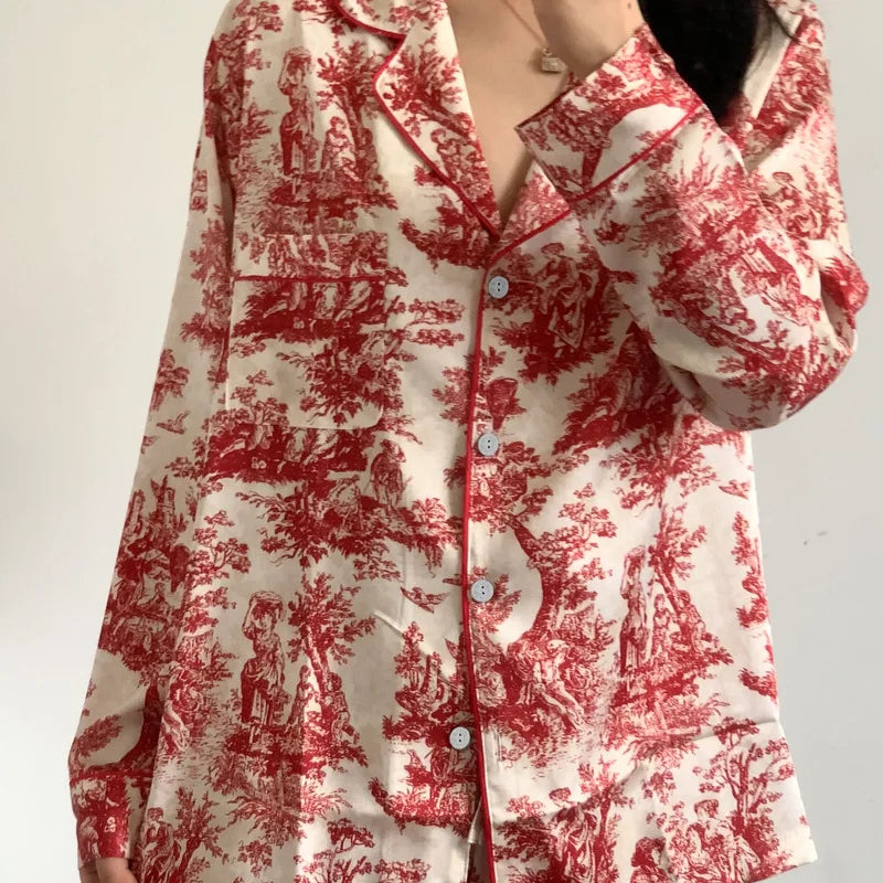 Fashion Print Flower 2PCS Pajamas Set Women Sleepwear Spring Summer Trouser Suits Lounge Wear Loose Satin Homewear Pijamas Suit - Matrix-studios.com