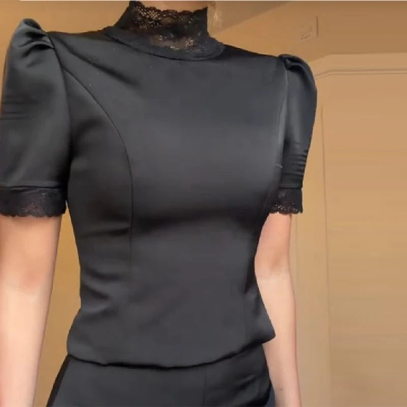 New Satin Lace Edge Top Short Sets For Women High Neck Padded Shoulder Blouse Low Waist Shorts 2026 Lady Spring Summer Outfits - Matrix-studios.com