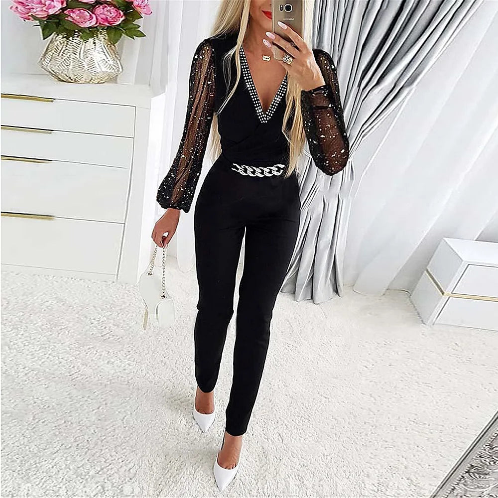 Jumpsuits Women One Piece V Neck Full Sleeve Tight High Waist Overalls Casual Sheath Long Pencil Pants Rompers Slim Fit Y2k - Matrix Studios