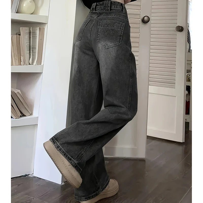Women Fashion Loose Jeans Female High Waist Streetwear Designer Wide Leg Trousers Female Classic Gray Goth Straight Leg Pants - Matrix-studios.com