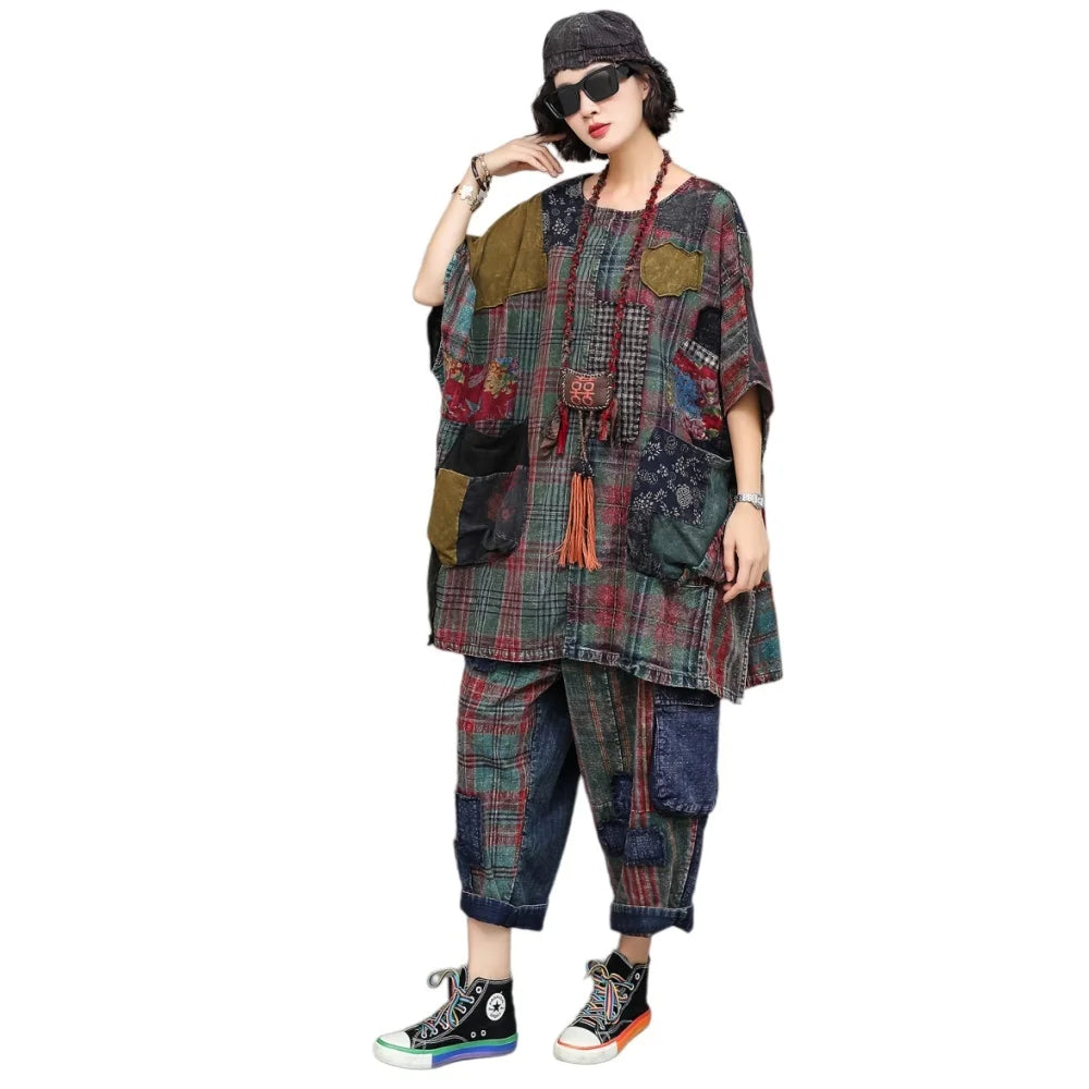 Unique Vintage Women Outfit Early Autumn Plaid Patchwork Loose Sleeveless Mid-length Robe + Cropped Pants Two-piece Set ZF2438 - Matrix-studios.com